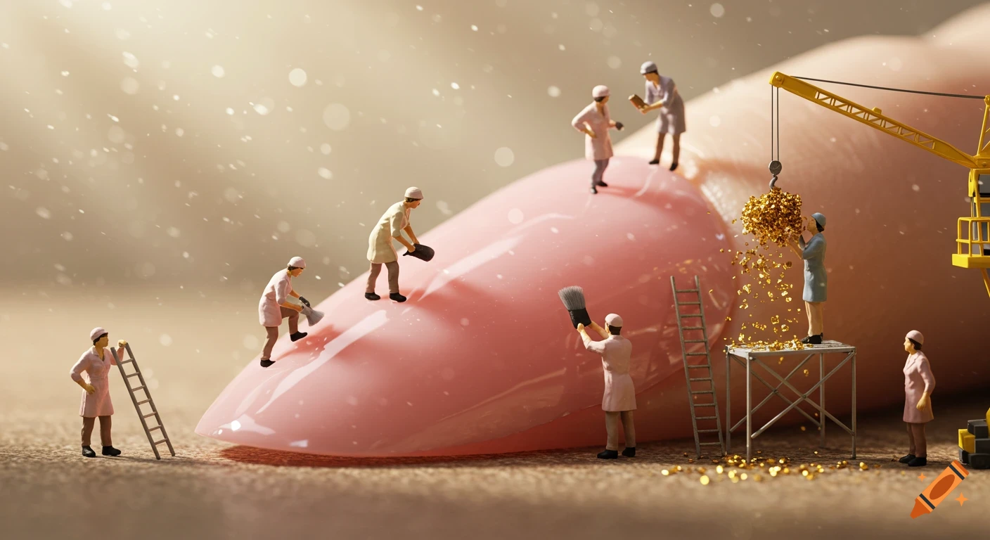 Ultra-realistic macro shot of miniature workers performing a manicure on a giant glossy pink fingernail, with a crane applying glitter.
