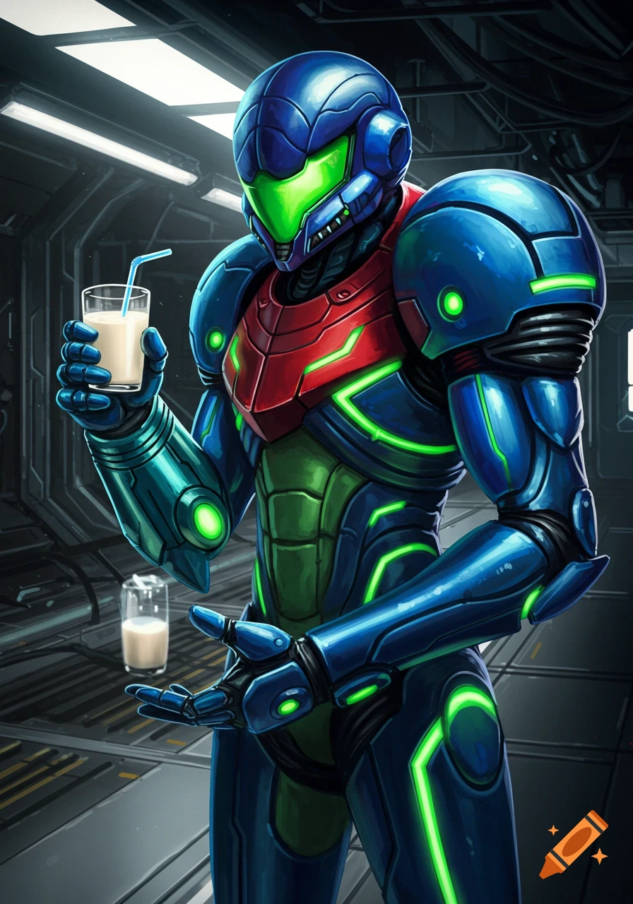 A blue and green sci-fi armored character, Metroid's Fusion Suit, stands in a metallic room holding a glass of milk with a straw.