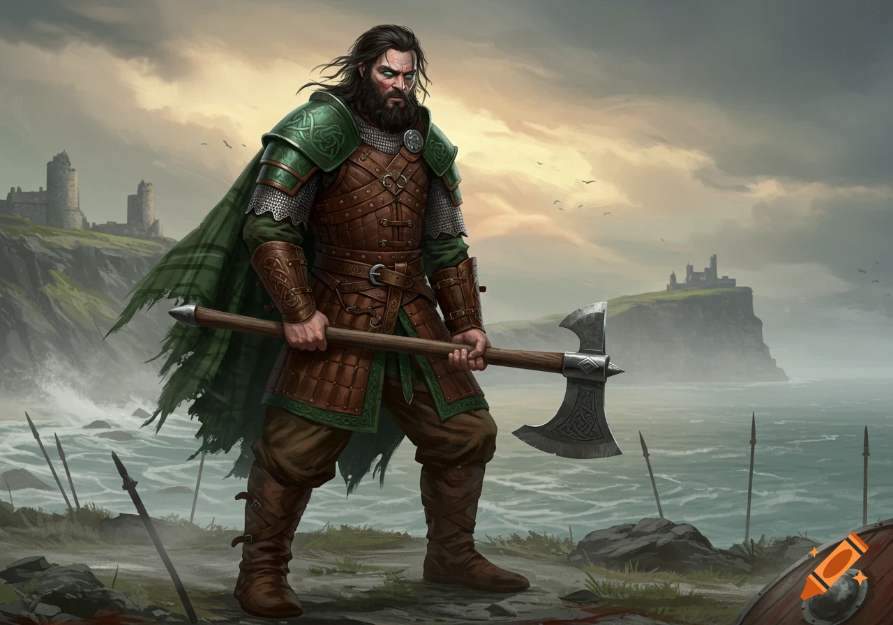A powerful axeman warrior in green and brown armor stands on a rugged coast with castles in the background, holding a large axe.