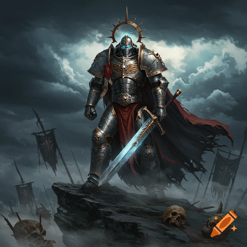 A heavily armored Warhammer Grey Knight soldier with a glowing sword stands on a rocky hill under a stormy sky, with skulls on the ground.