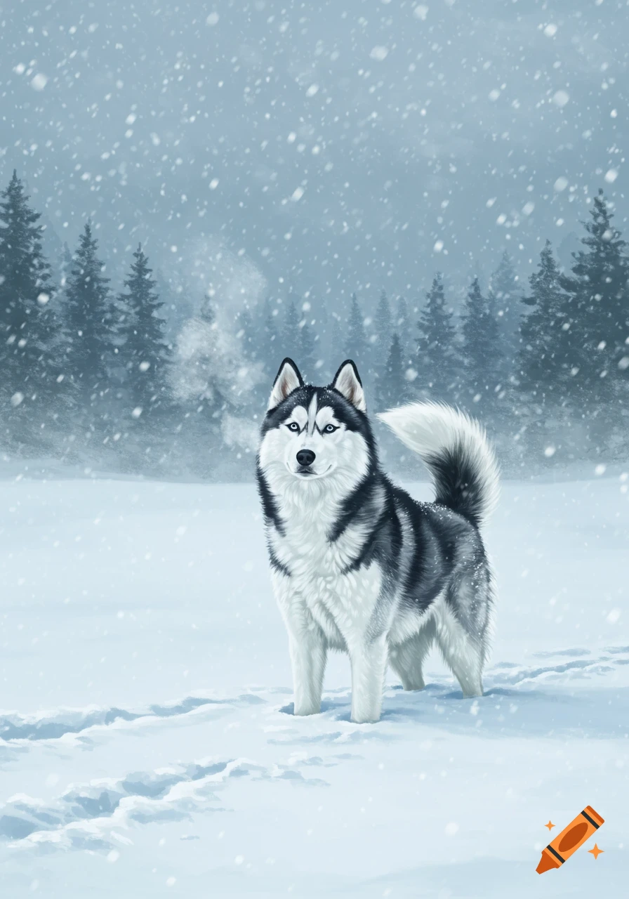 A black and white Siberian husky with blue eyes stands in a snowy winter landscape with pine trees.