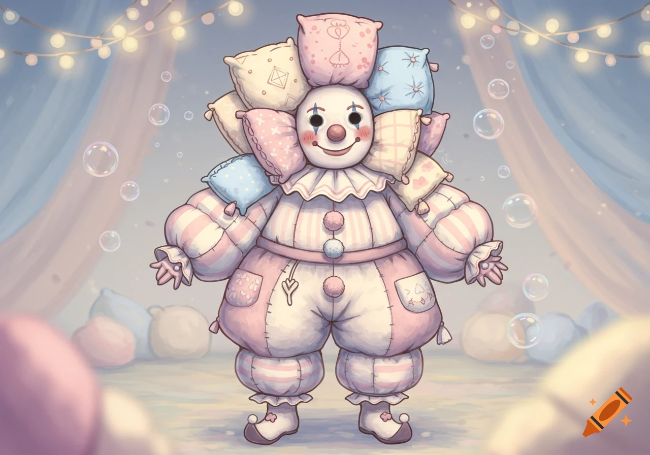 A whimsical, cartoonish pillow-themed clown in pastel colors, surrounded by bubbles and string lights in a soft, dreamy setting.