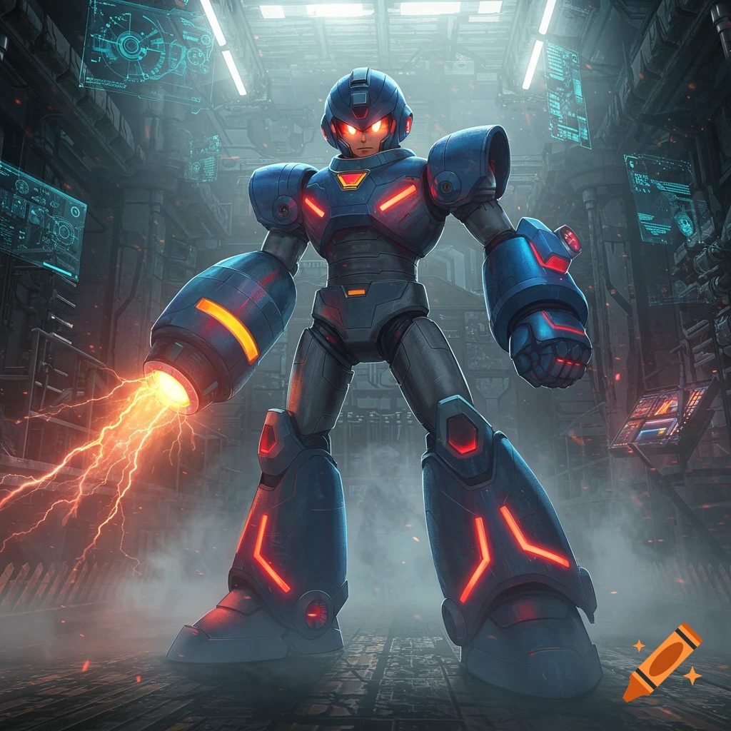 A blue and grey robot, resembling Megaman, stands in a dark futuristic room, charging an orange energy blast from its arm cannon.