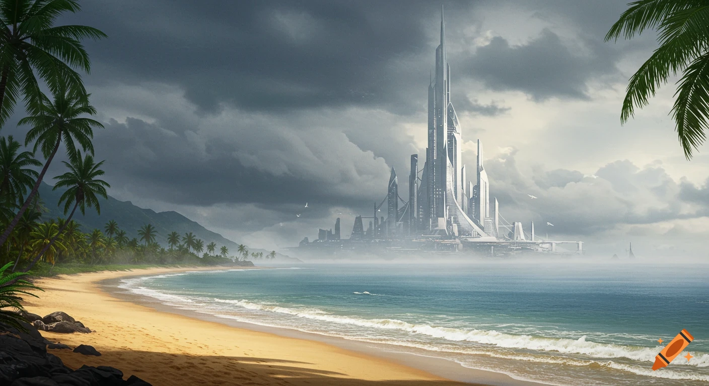 Photorealistic view from a tropical beach of a futuristic city with towering spires, under an overcast sky.