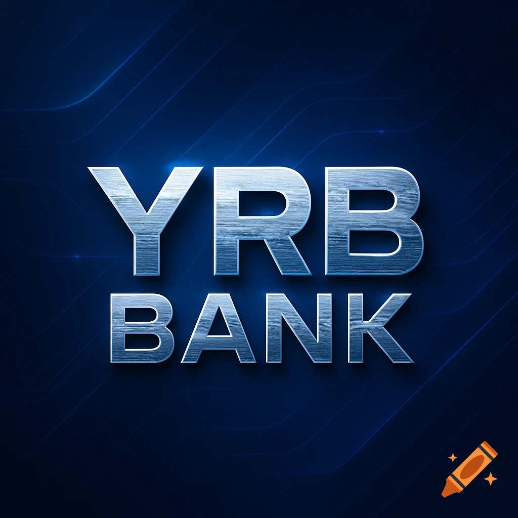 Metallic silver YRB BANK logo on a dark blue background with glowing abstract lines.
