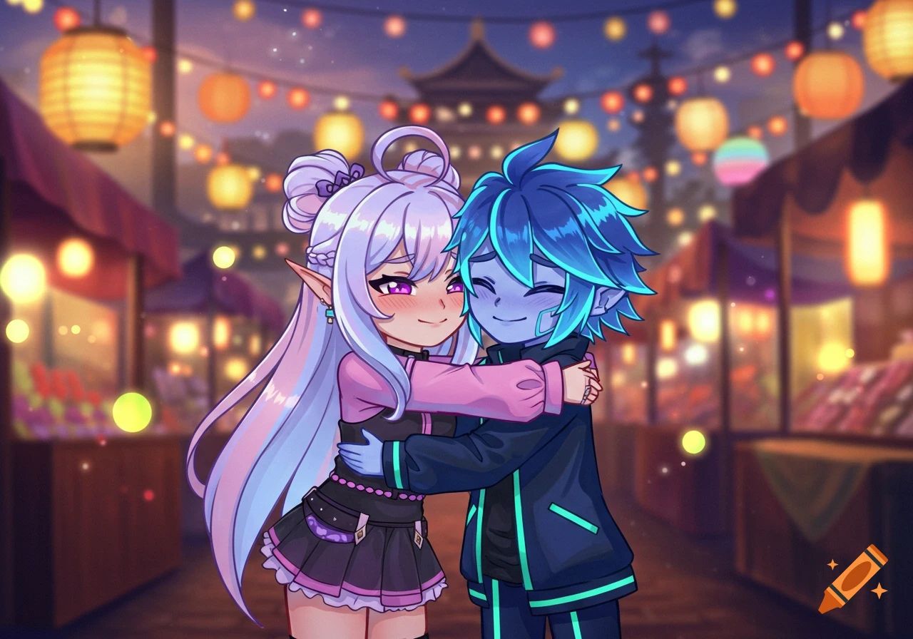Anime-style blue-skinned boy and elf girl with light purple hair hugging at a vibrant night market with lanterns.