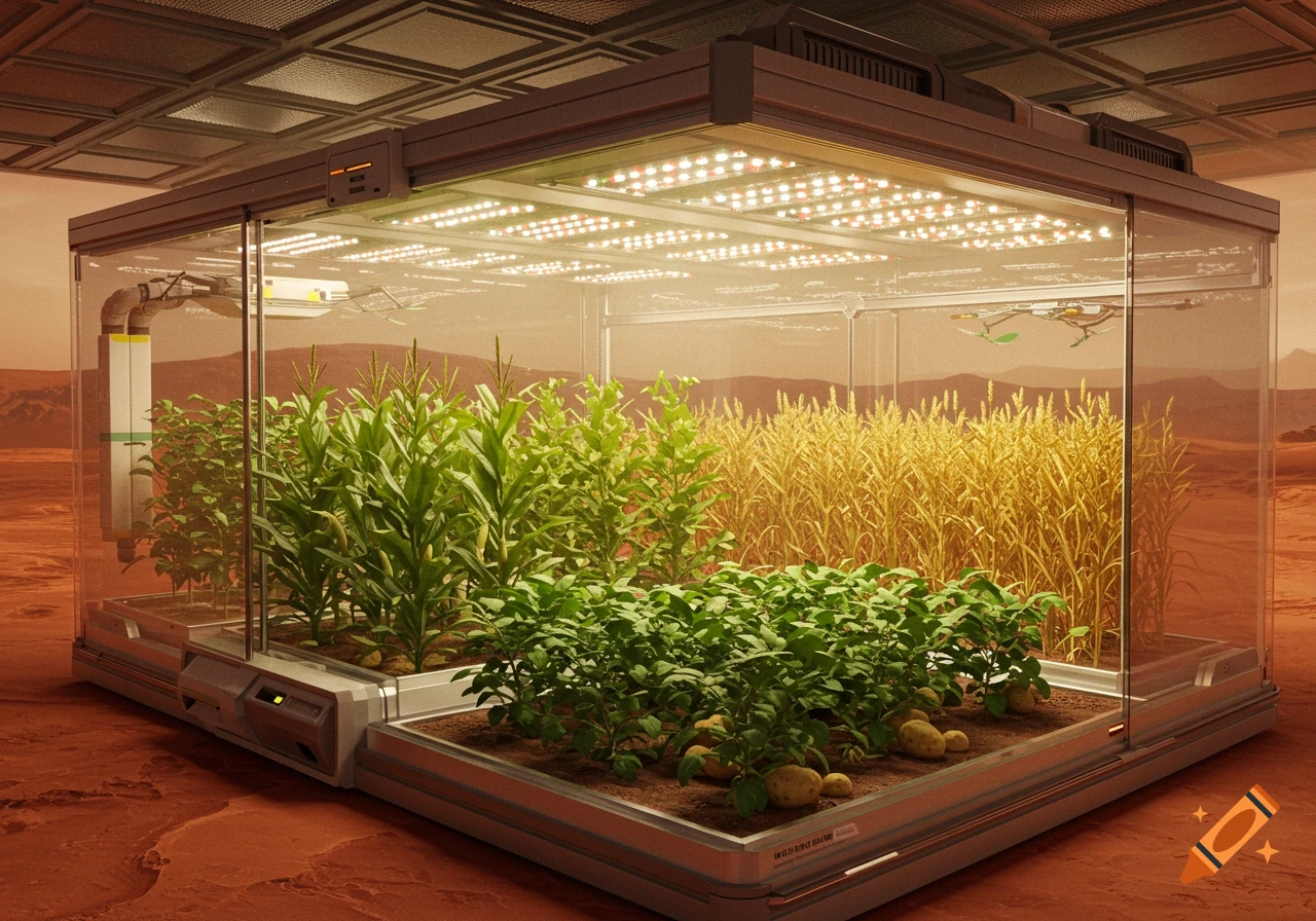 A futuristic greenhouse on the surface of Mars, with various crops like corn, wheat, and potatoes growing under artificial lights.