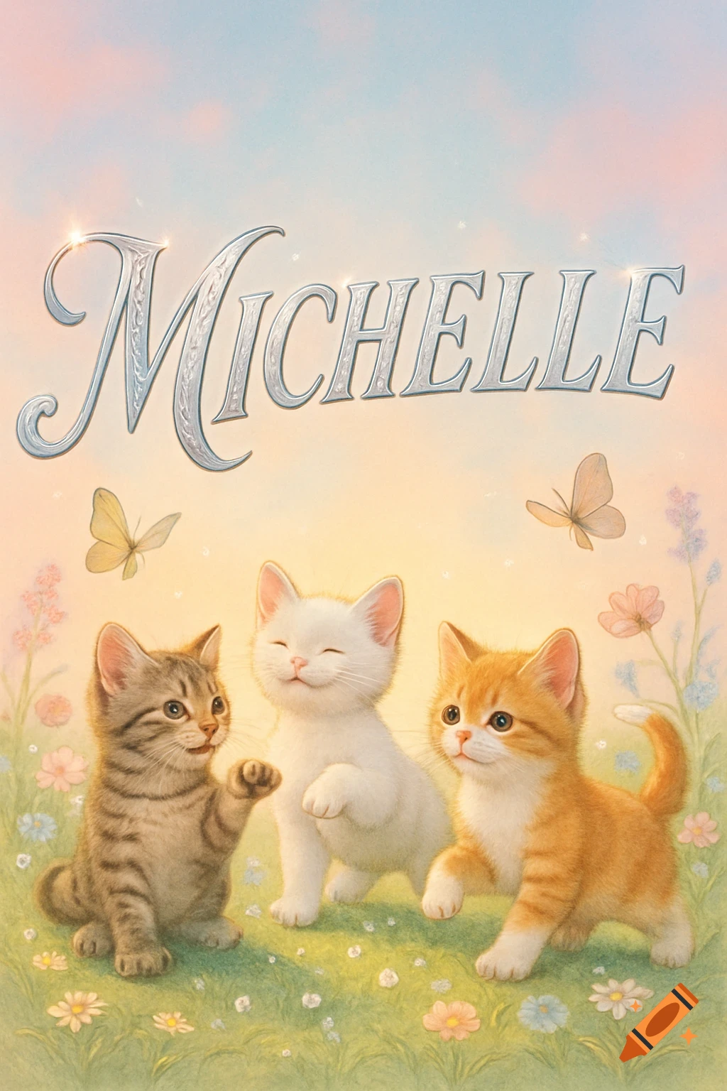 Three adorable kittens play in a grassy field with flowers and butterflies under the name 'Michelle' in a whimsical illustration.