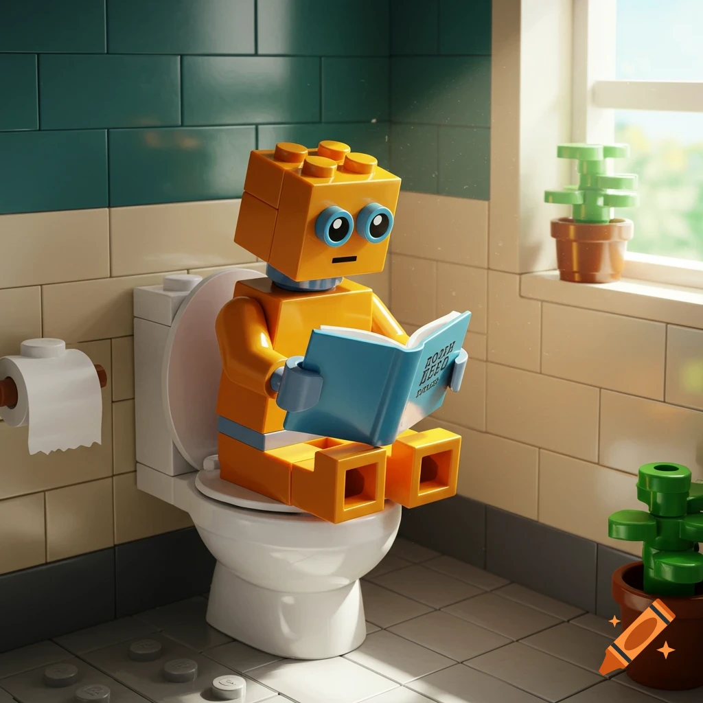 A LEGO robot figurine sits on a toilet, reading a blue book, in a brightly lit bathroom with green tiled walls.