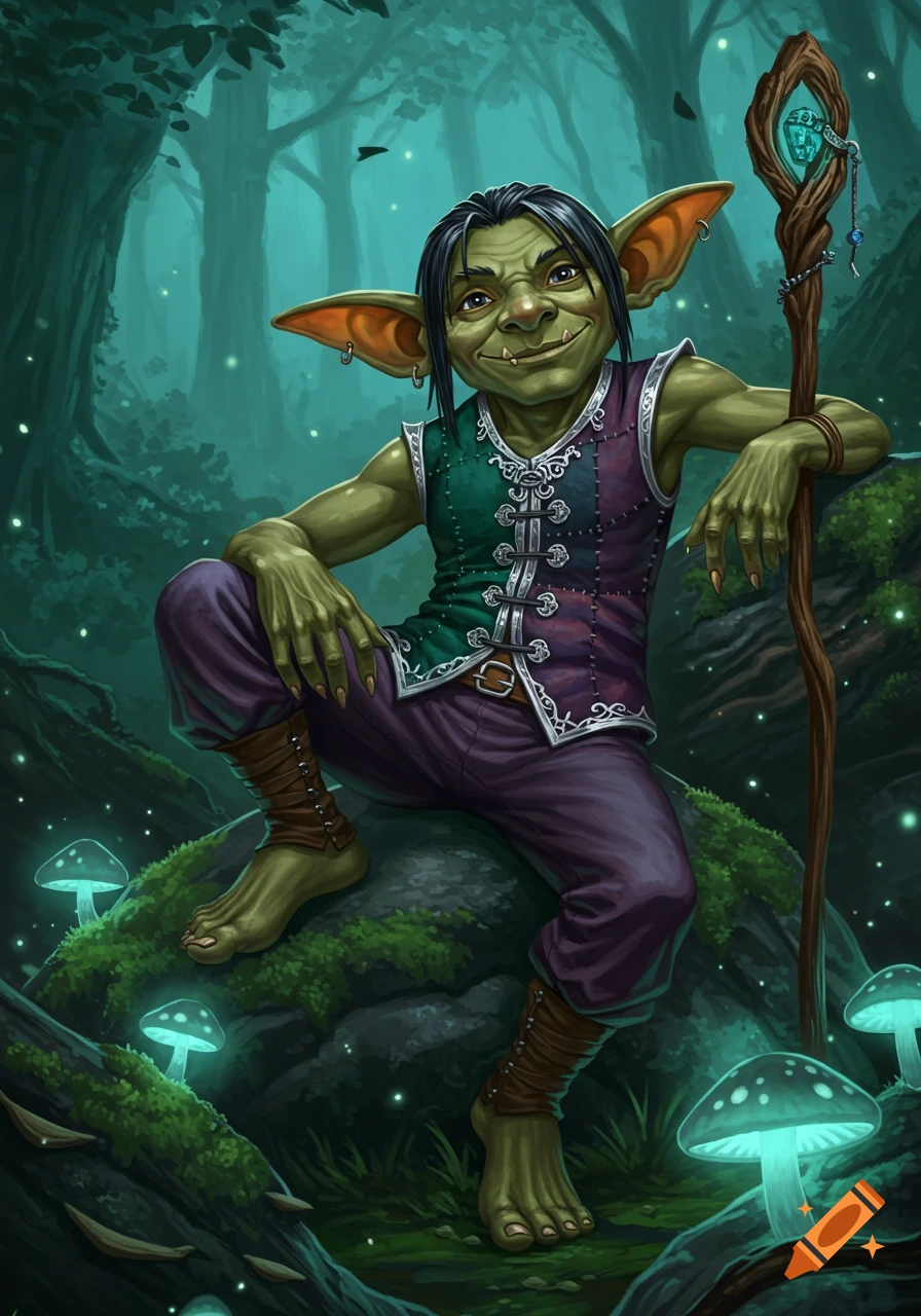 A green-skinned goblin with a staff sits on a mossy rock in an enchanted forest with glowing blue mushrooms, detailed digital illustration.