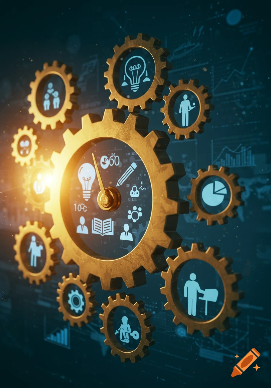 Golden gears with icons representing ideas, education, business, and analysis, set against a dark tech background.
