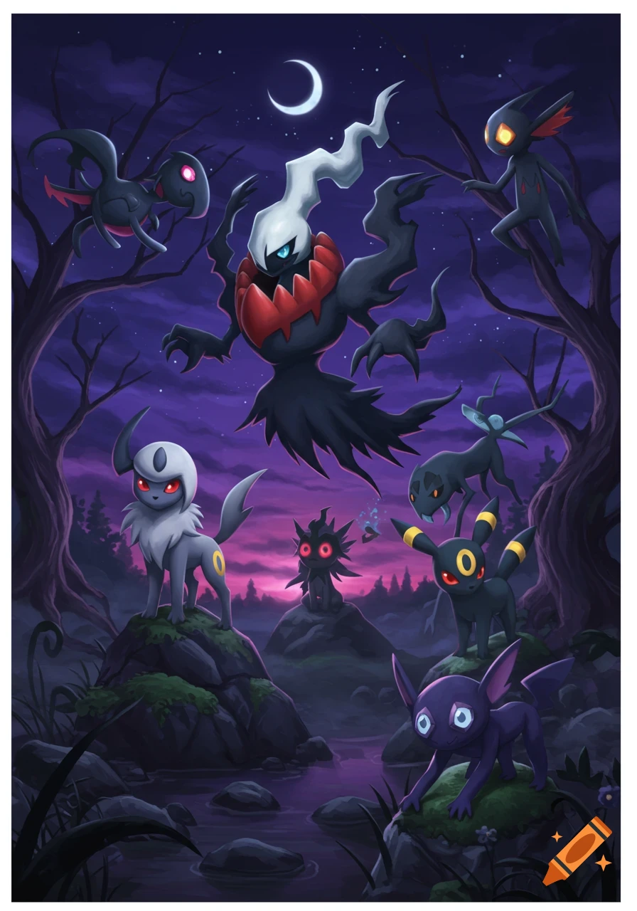 An illustration of Darkrai, Umbreon, Absol, and other dark-type Pokemon in a dark, moonlit forest.
