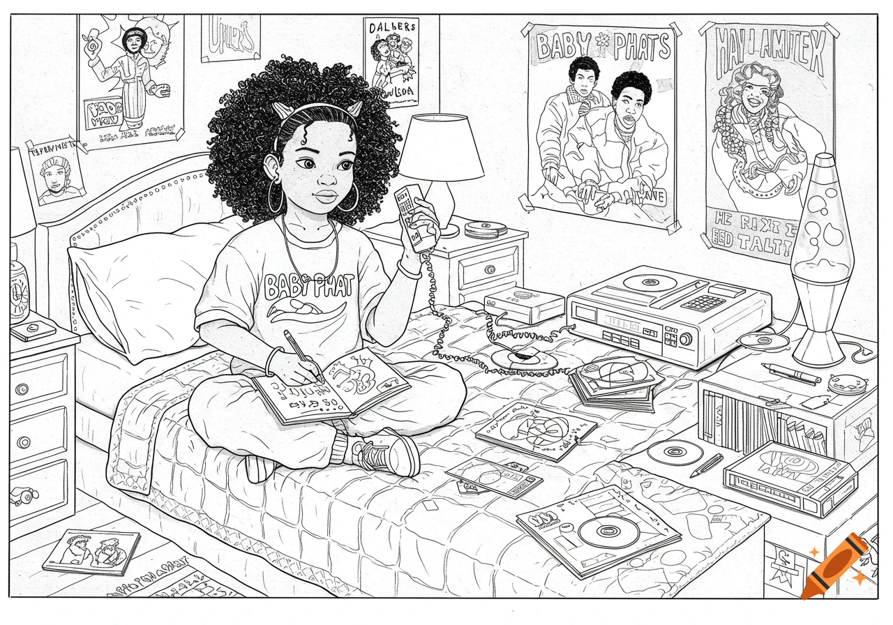 Black and white line art of a Black girl with curly hair, sitting on a bed in a 90s style bedroom, talking on a corded phone and doodling in a notebook. Posters are on the wall and a lava lamp and CD player are on a nearby table.