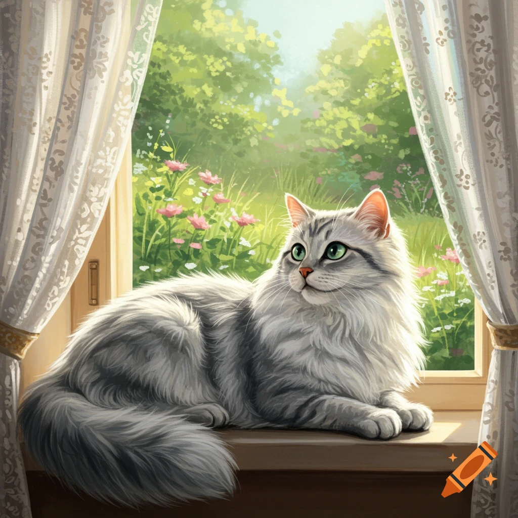 A fluffy grey and white cat with striking green eyes sits on a sunlit windowsill, gazing out at a lush green garden filled with pink flowers. The image has a painted, illustrative style.