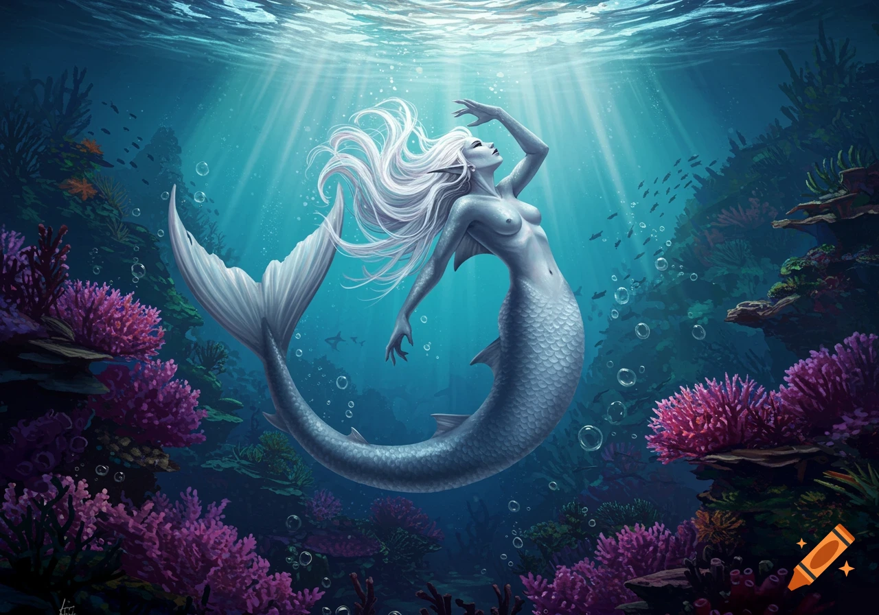 A white-haired mermaid with a silver tail swims gracefully under rays of light in a vibrant coral reef.