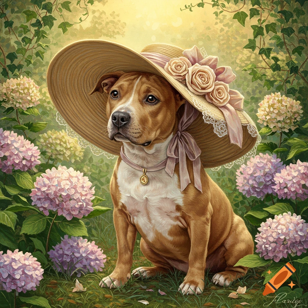 A cute pitbull dog wearing a large straw hat with pink roses, sitting in a lush garden with pink hydrangeas, in a painted style.