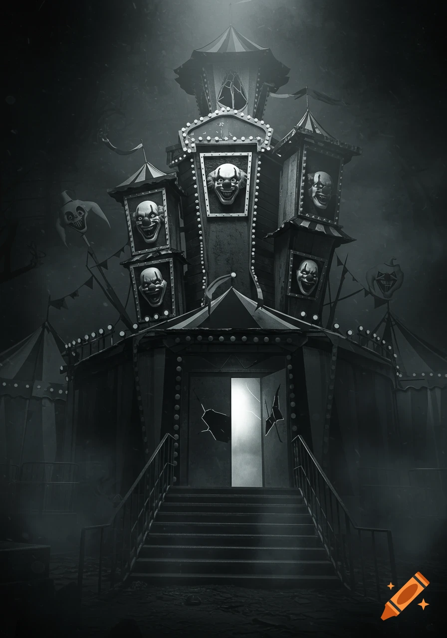 A scary, monochrome haunted carnival funhouse with clown faces, an open door, and a dark, misty atmosphere.
