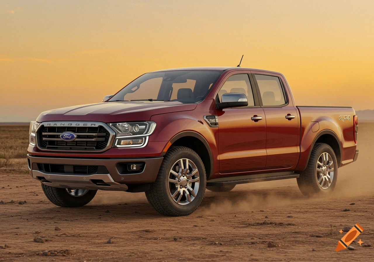 A red Ford Ranger pickup truck drives on a dusty dirt road under an orange sunset sky.