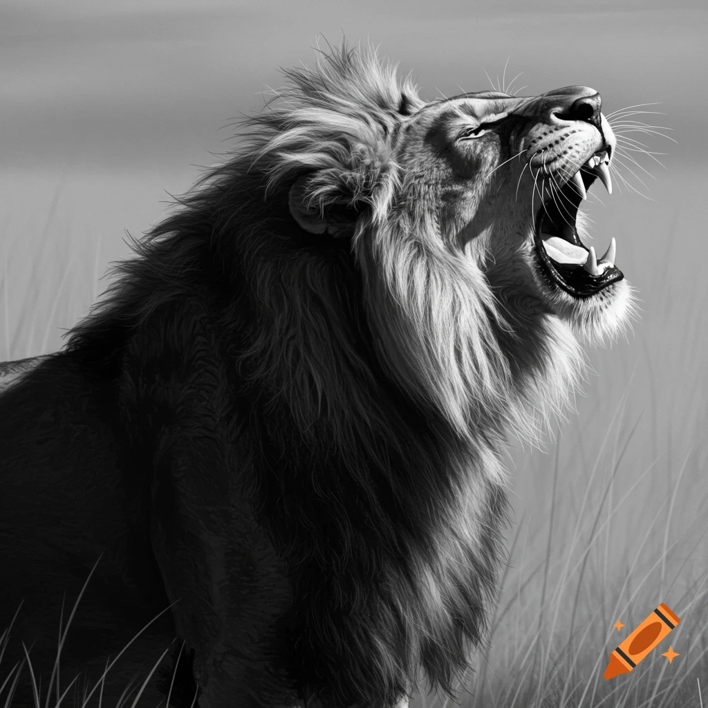 A detailed black and white depiction of a roaring lion, with its mouth open showing teeth, standing in tall grass.