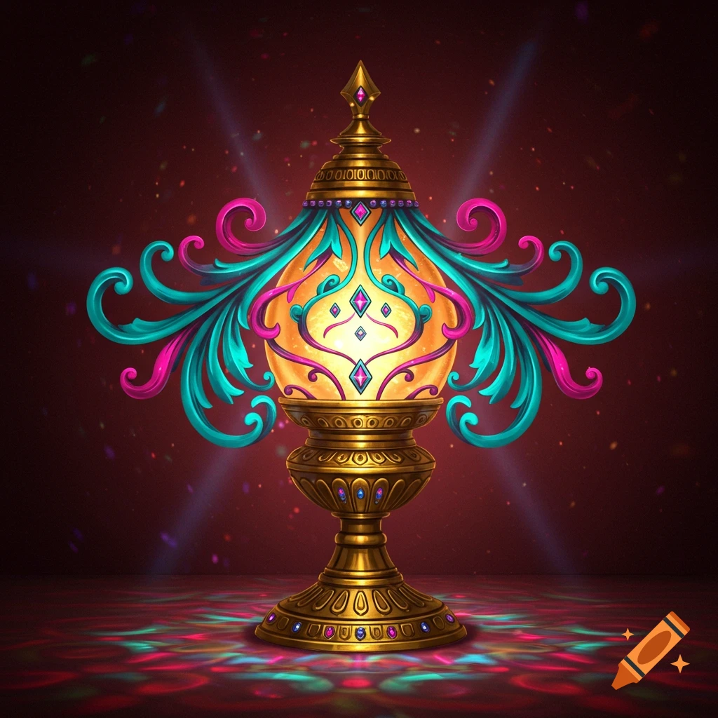 An ornate gold, teal, and hot pink lamp illuminates a dark room, casting colorful patterns on the floor.