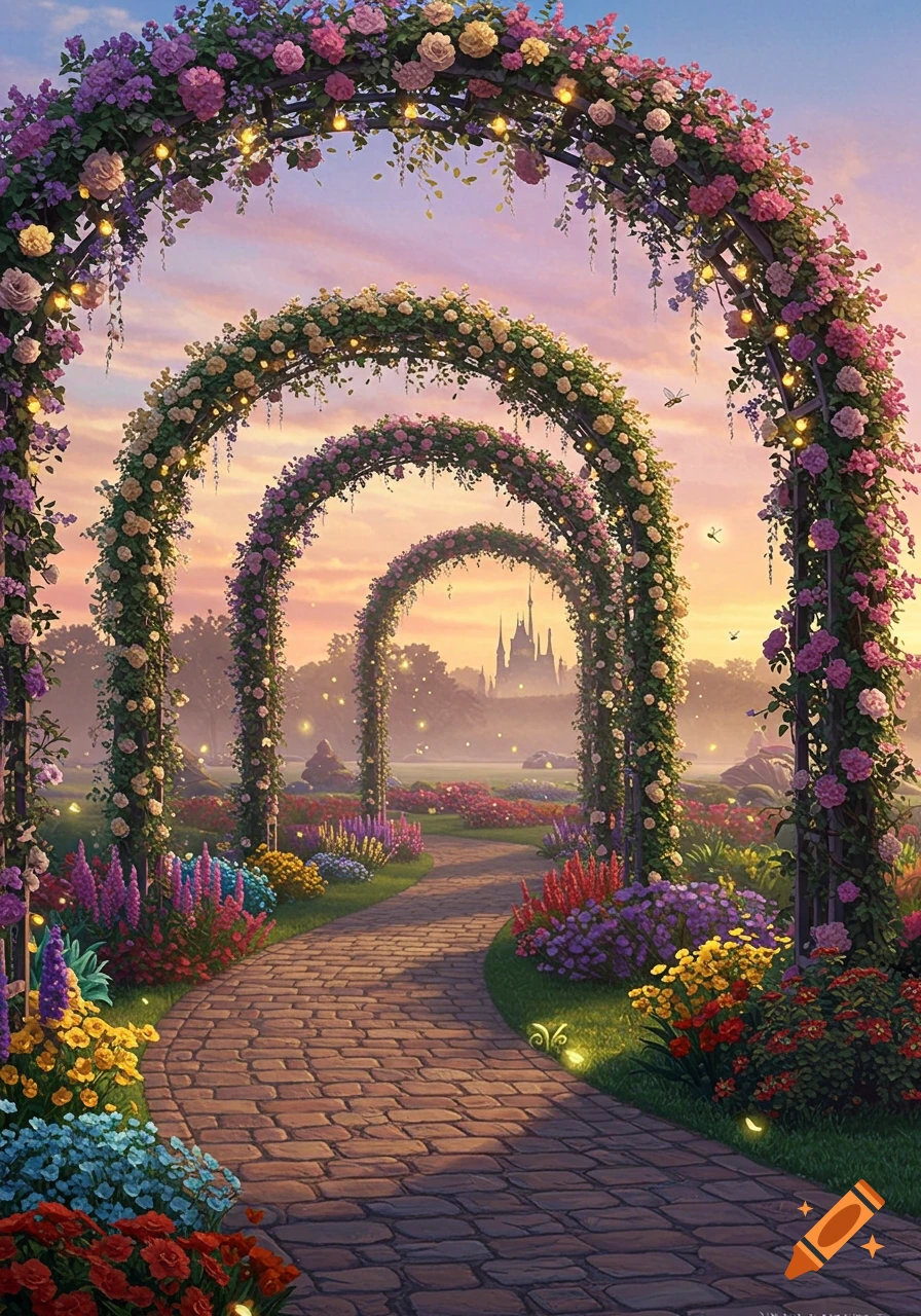 A whimsical garden path leads through arched trellises covered in pink, purple, and yellow roses and fairy lights, with a distant castle under a sunset sky.