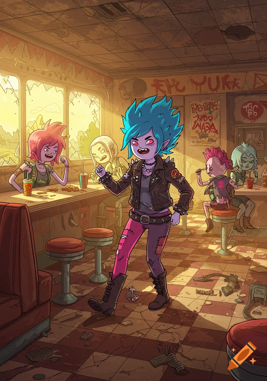 A group of punk-rock inspired raider girls hang out in a dilapidated diner in an Adventure Time cartoon style.