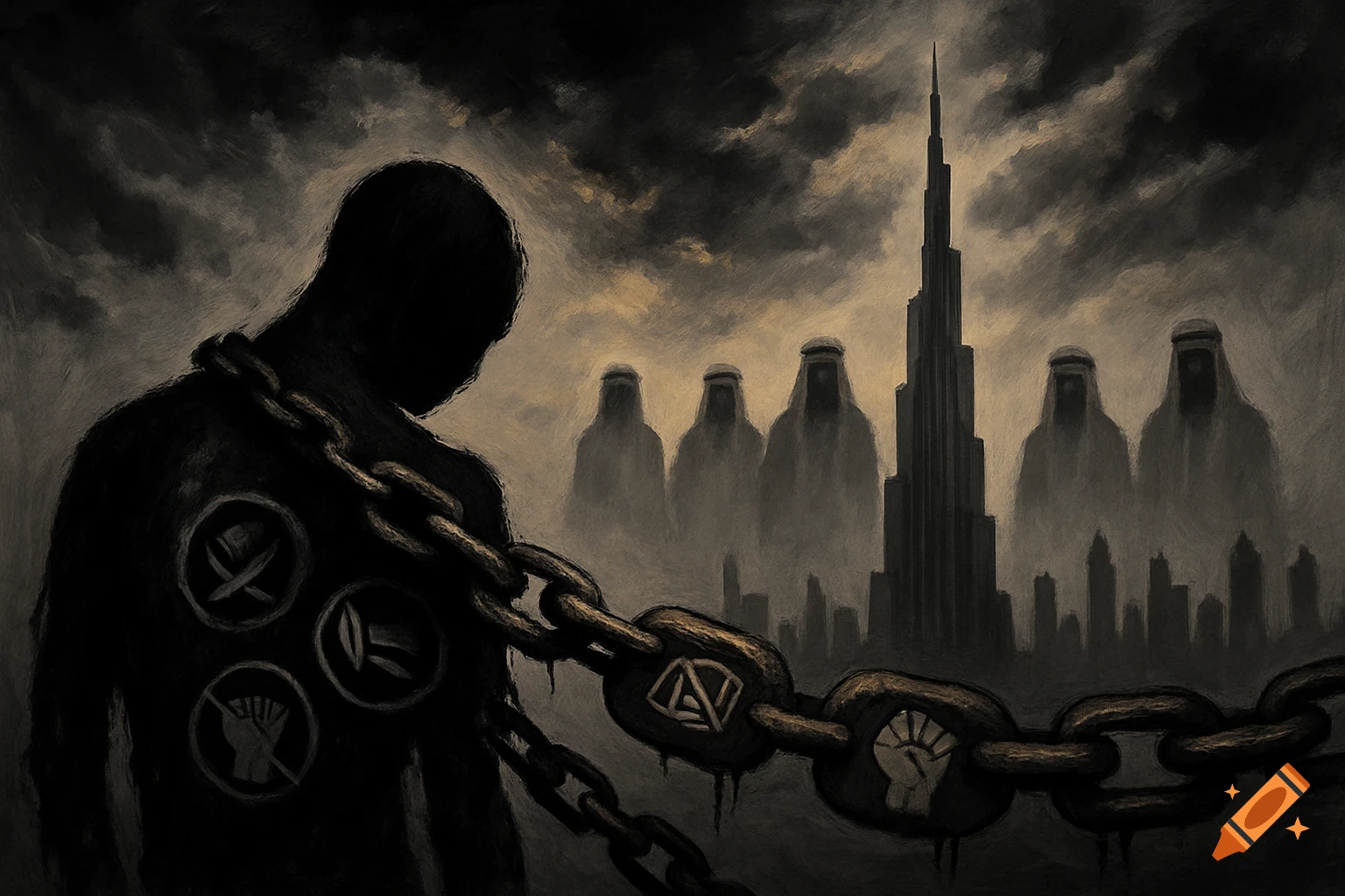 Dark, symbolic art showing a chained silhouette against a stormy sky, with ghostly figures and the Burj Khalifa skyscraper in the background.