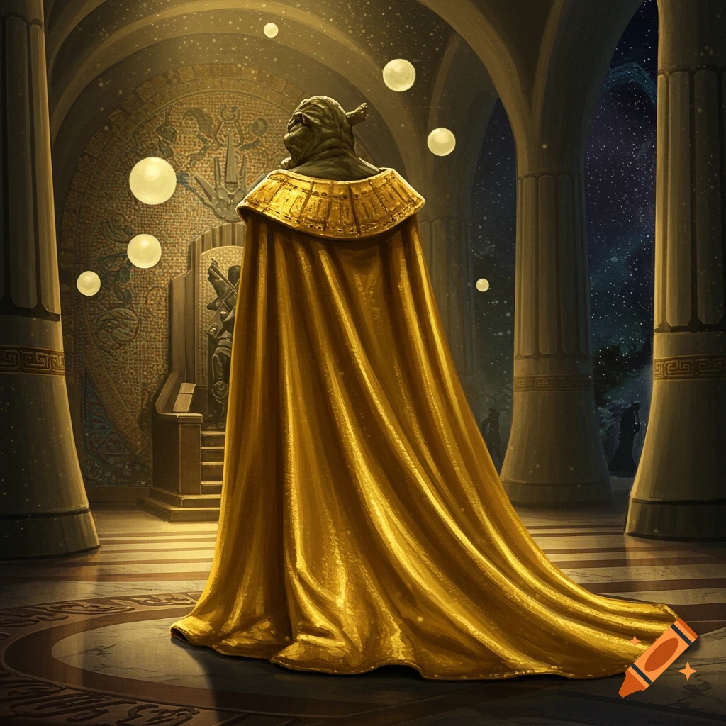 A figure resembling Yoda, viewed from behind, wearing a long golden cape in a grand hall with pillars, mosaics, and floating orbs, looking out towards a starry night sky.
