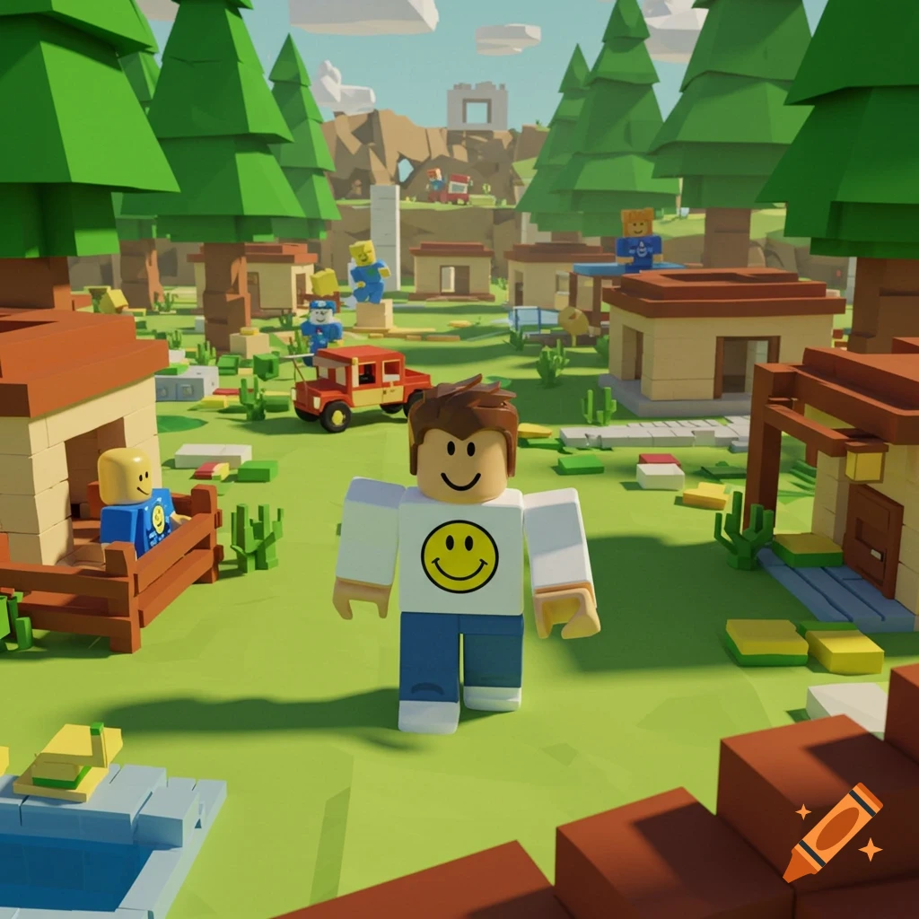 A blocky, stylized scene resembling Roblox from 2008, with a character wearing a smiley face shirt in the foreground of a village.