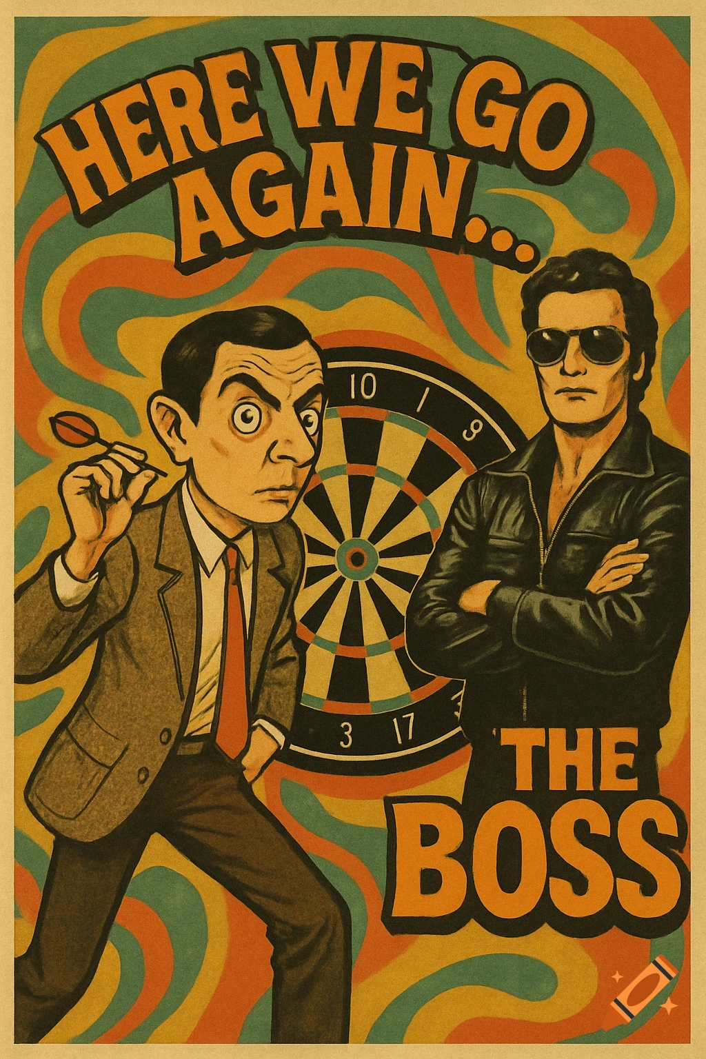 A 1970s style poster featuring a cartoon Mr. Bean-like character playing darts, watched by a man in sunglasses. Text reads 'HERE WE GO AGAIN...' and 'THE BOSS'.