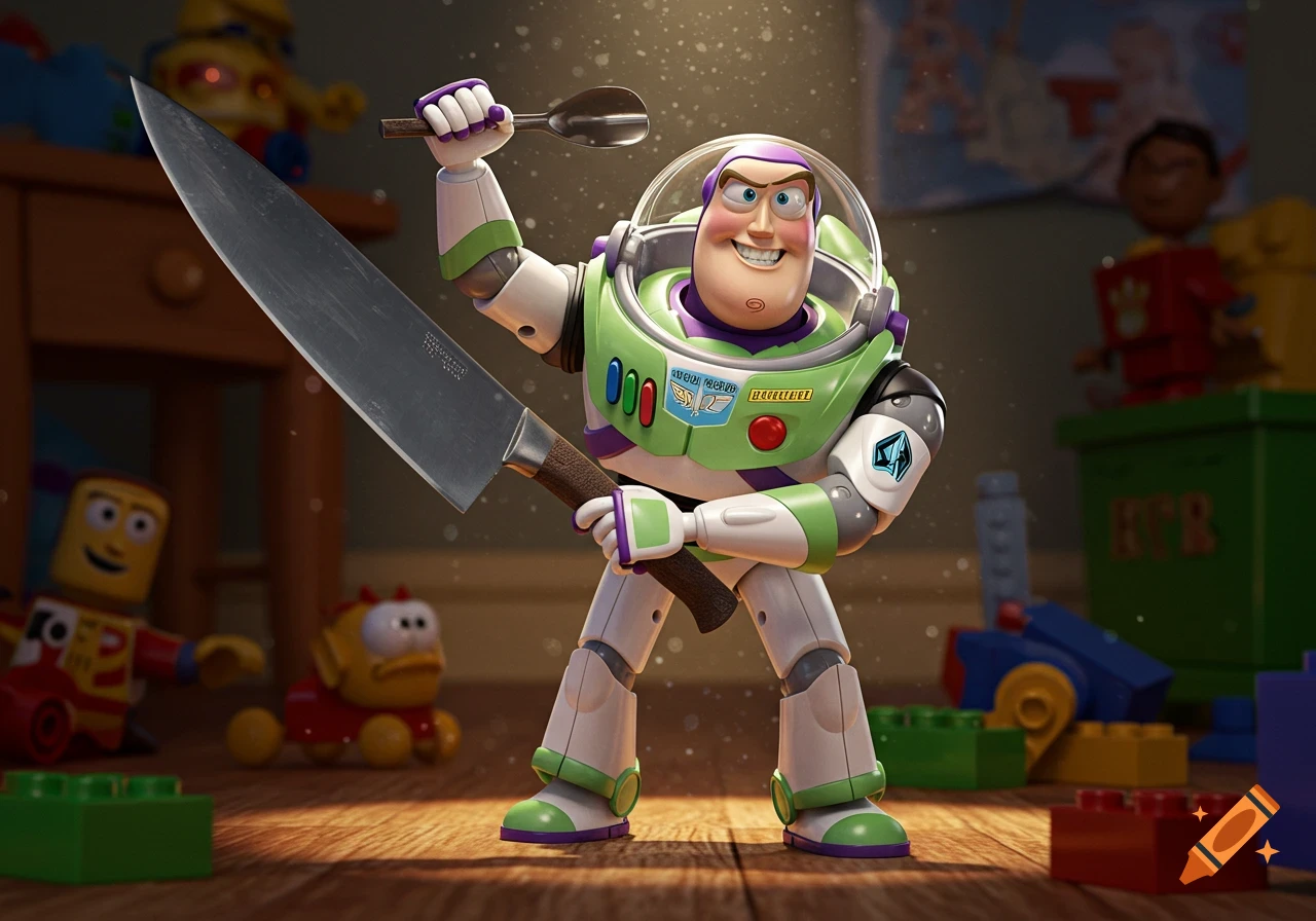 Photorealistic image of Buzz Lightyear holding a large chef's knife in one hand and a spoon in the other, standing on a wooden floor in a child's room.