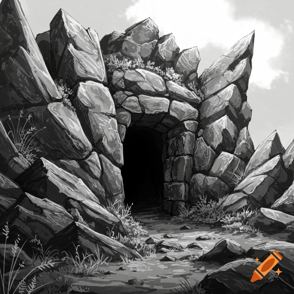 A black and white sketch of a dark cave entrance framed by large, jagged rocks and sparse vegetation.
