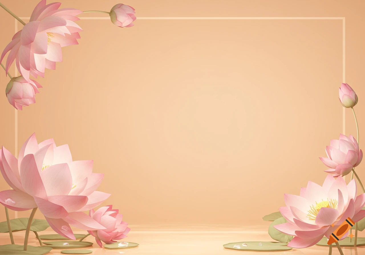Light pink lotus flowers and buds frame a peach-colored background with a subtle rectangular border.
