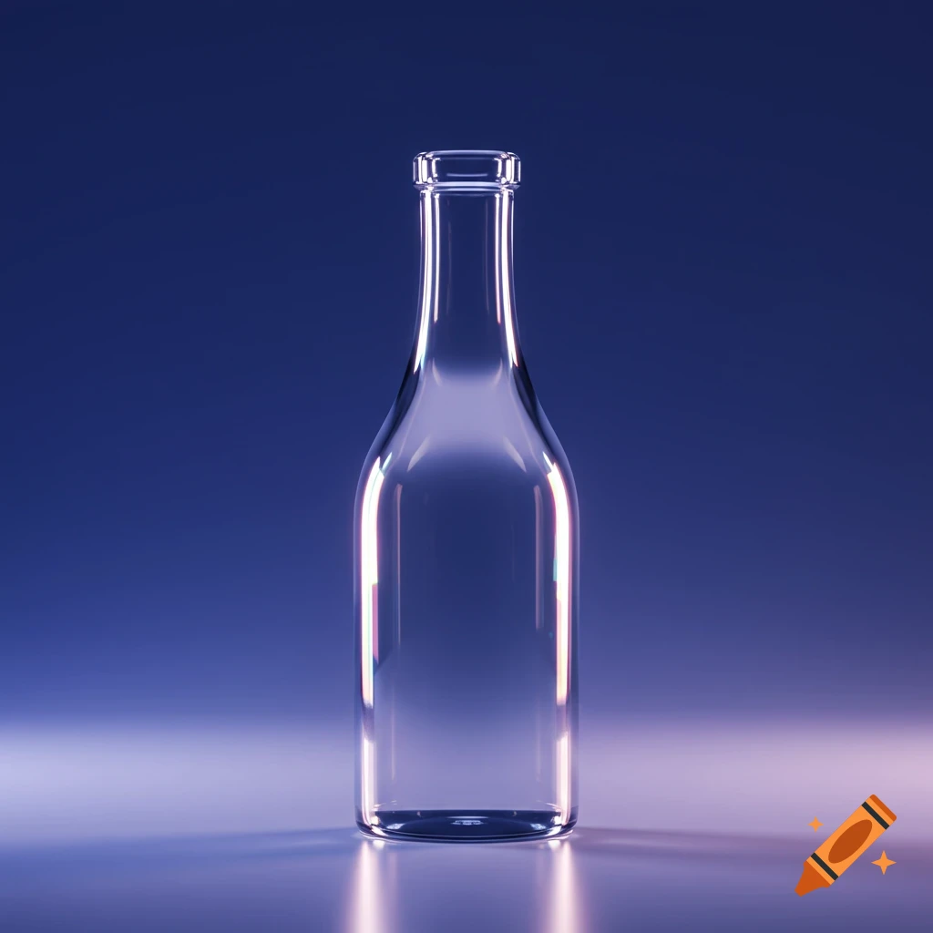 A clear glass bottle stands on a reflective surface against a blue background, with vibrant reflections.