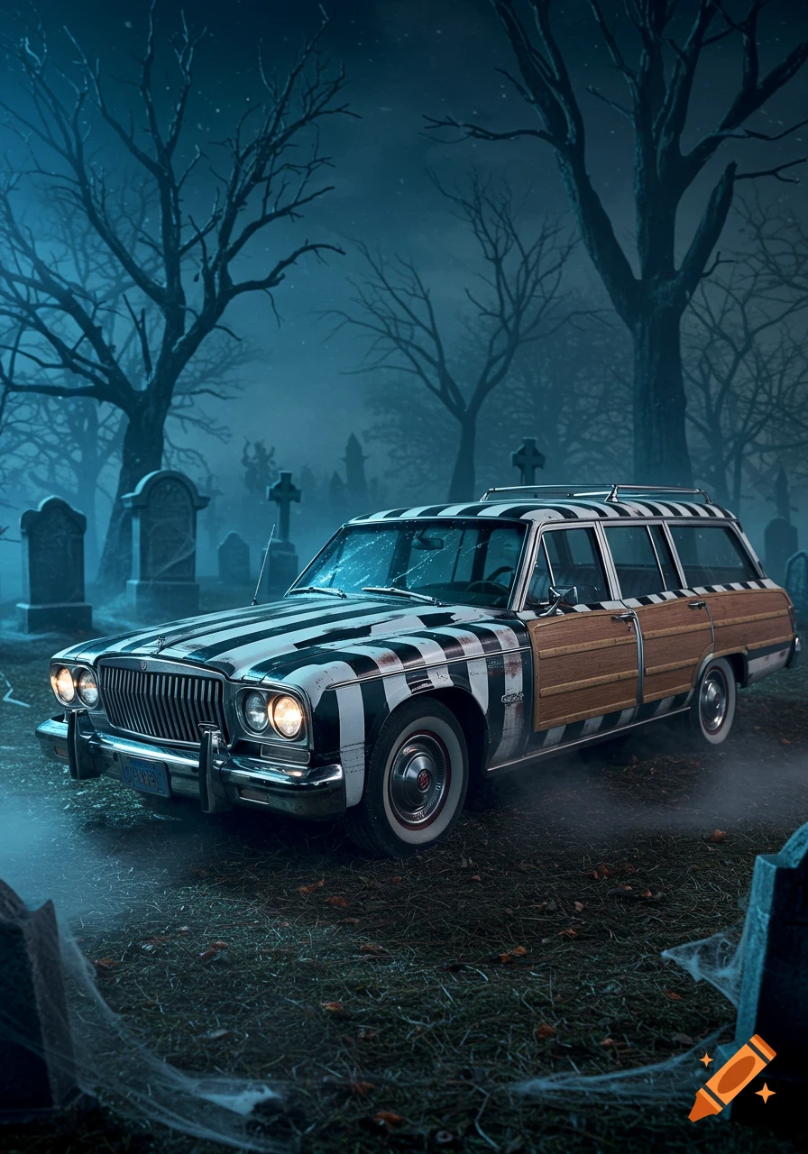 A vintage black and white striped wood-paneled station wagon sits in a misty, moonlit cemetery at night, surrounded by bare trees and tombstones.