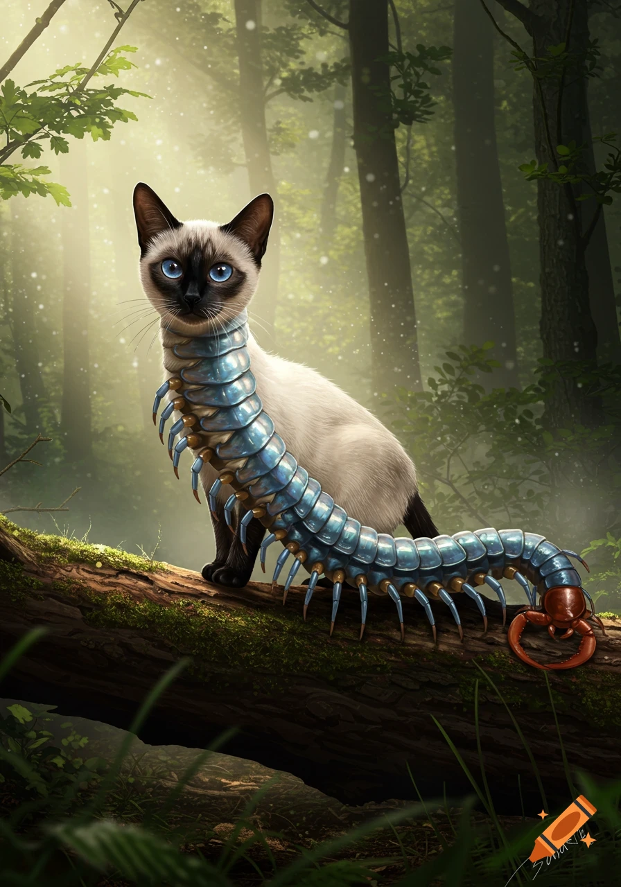 A creature with a Siamese cat's head and a blue centipede's body sits on a mossy log in a mystical forest.