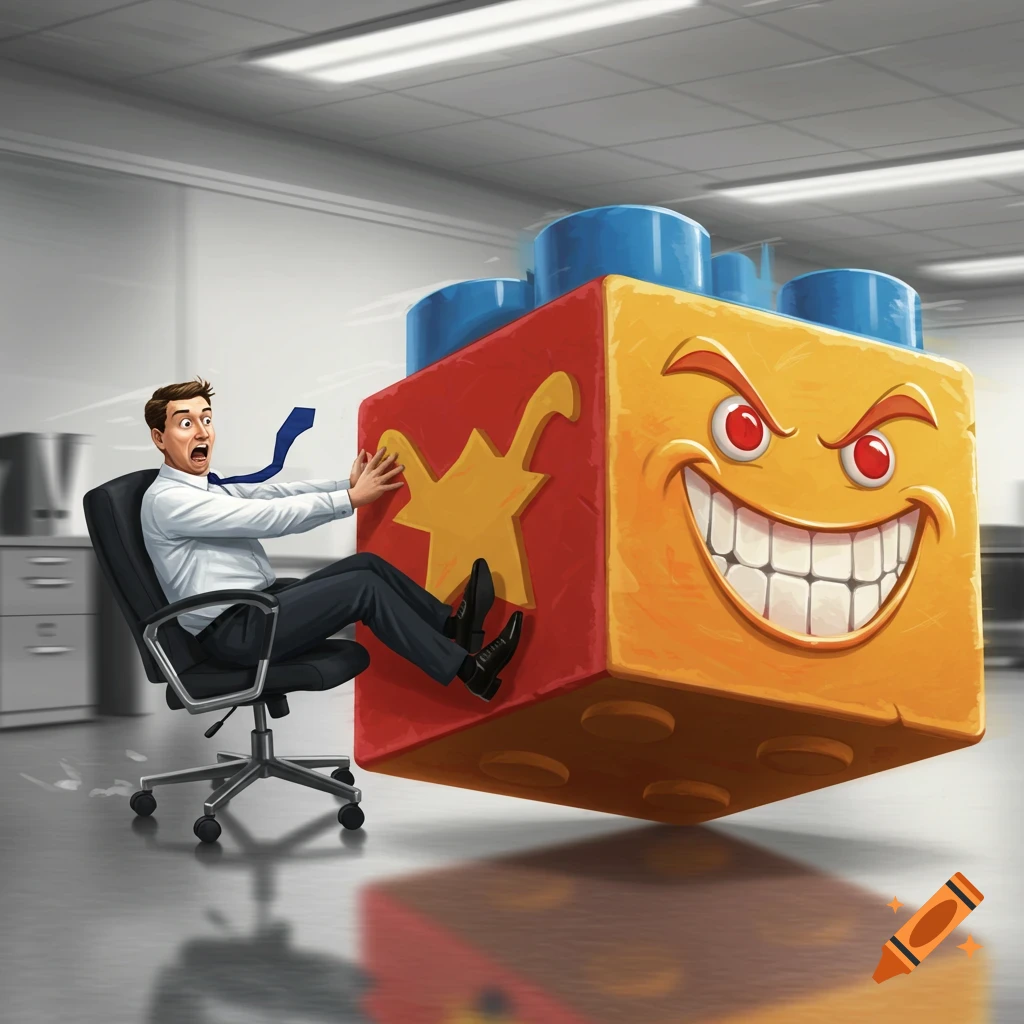 An office worker in a rolling chair is pushed by a giant, evil-looking toy block in a humorous illustration.
