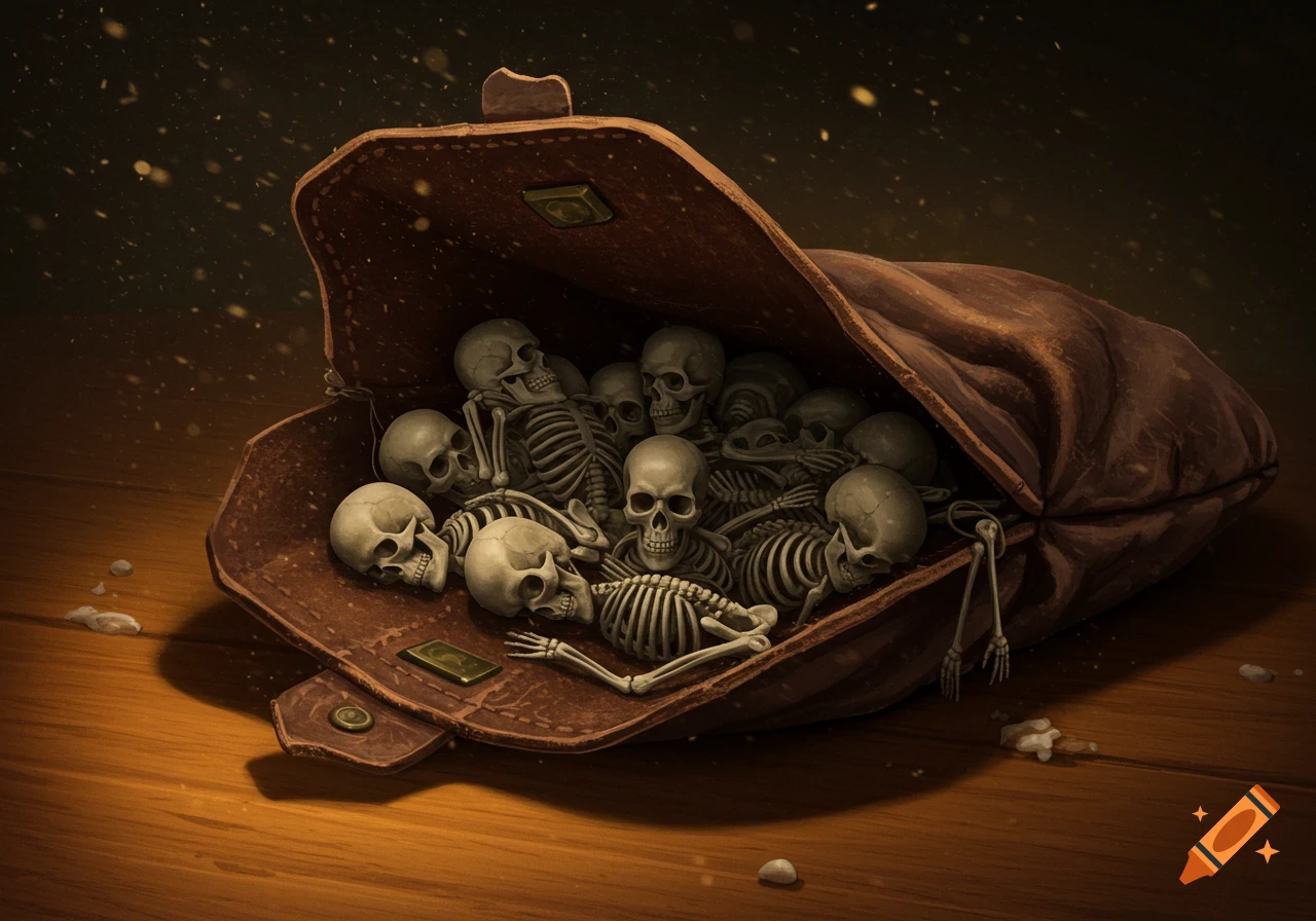 A brown leather bag lies open on a wooden surface, filled to the brim with numerous miniature skeletons.