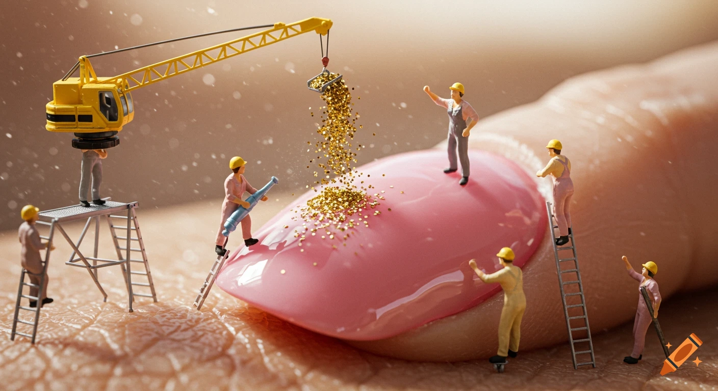Photorealistic macro shot of tiny workers applying gold glitter to a giant pink fingernail with a crane and ladders.