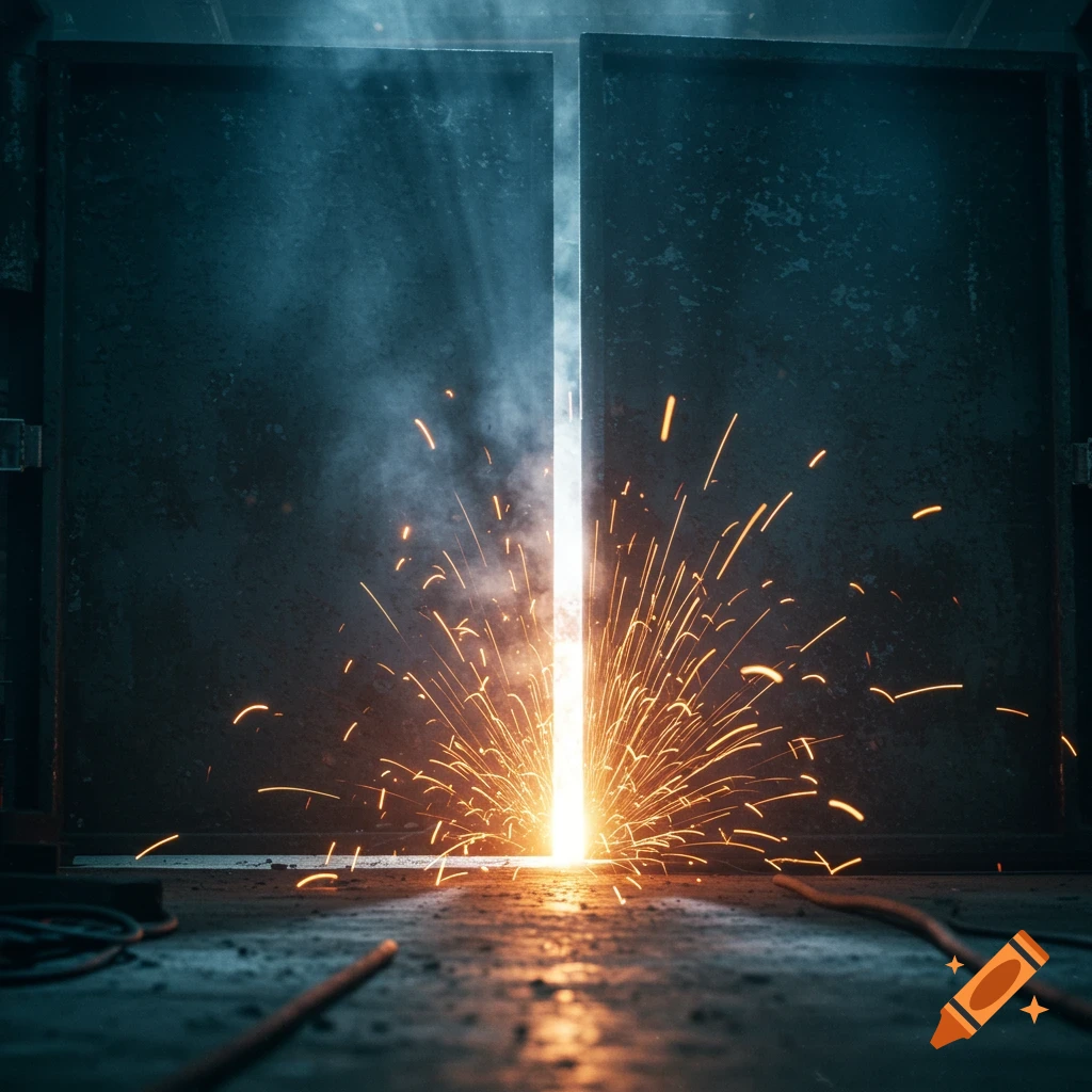 Welding sparks shoot up from the ground between two dark metal doors in an industrial setting.