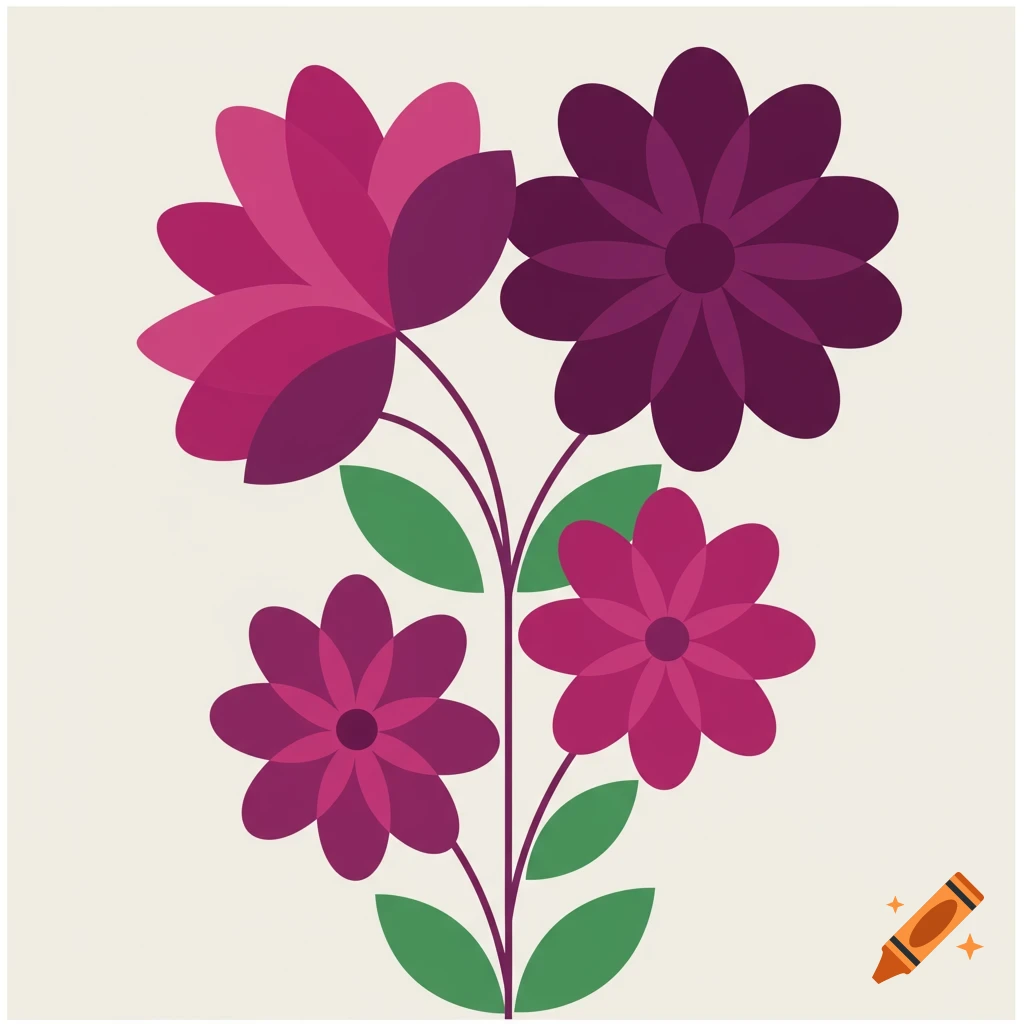Abstract painting of four stylized flowers with purple and pink petals and green leaves.