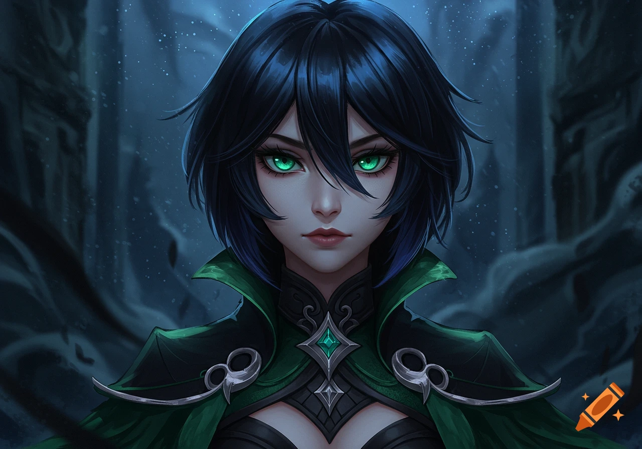 Anime girl with short dark hair, vivid green eyes, and a dark green cloak in a mysterious, dark setting.