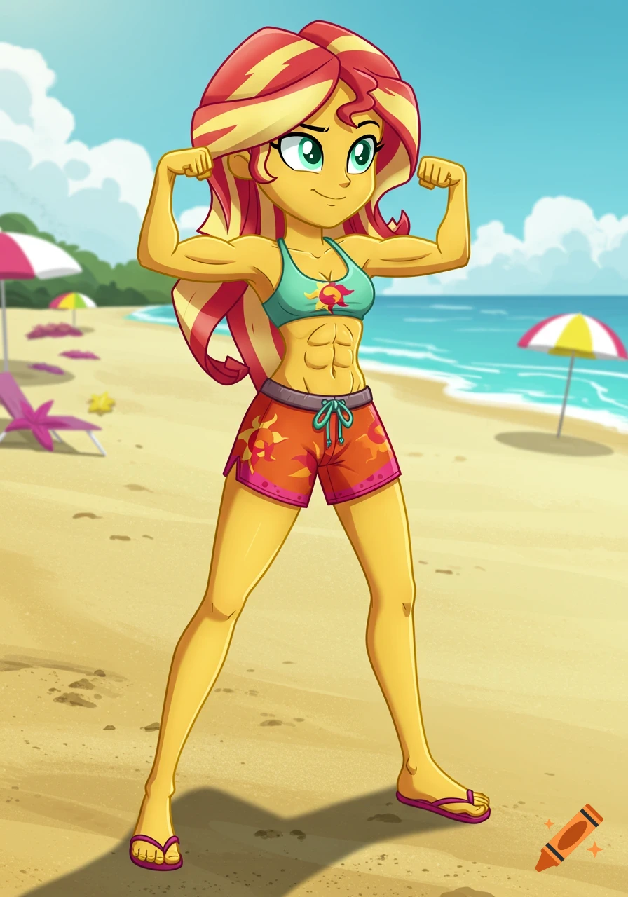 Cartoon Sunset Shimmer from Equestria Girls flexing on a sunny beach, wearing a bikini top and shorts.