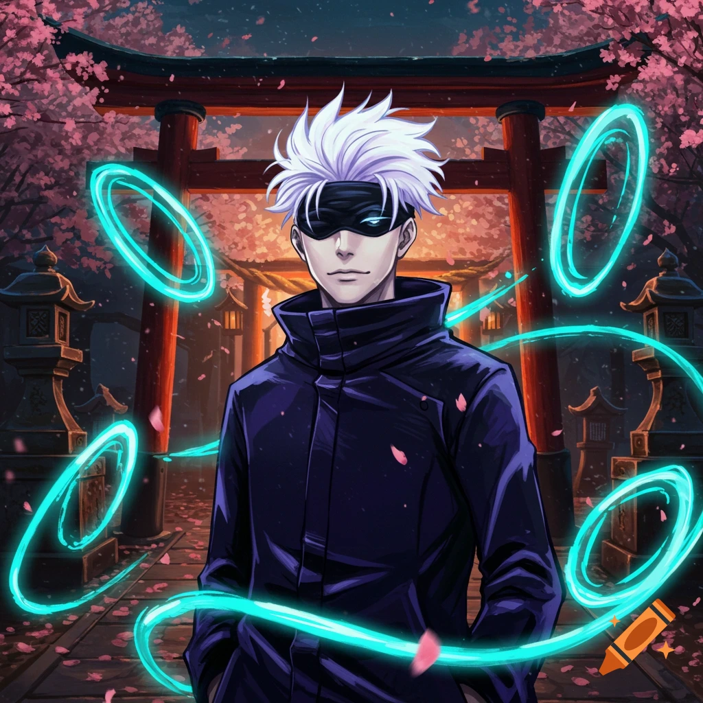 Anime illustration of Gojo Satoru with white hair and blindfold, glowing rings, in front of a red torii gate with cherry blossoms.