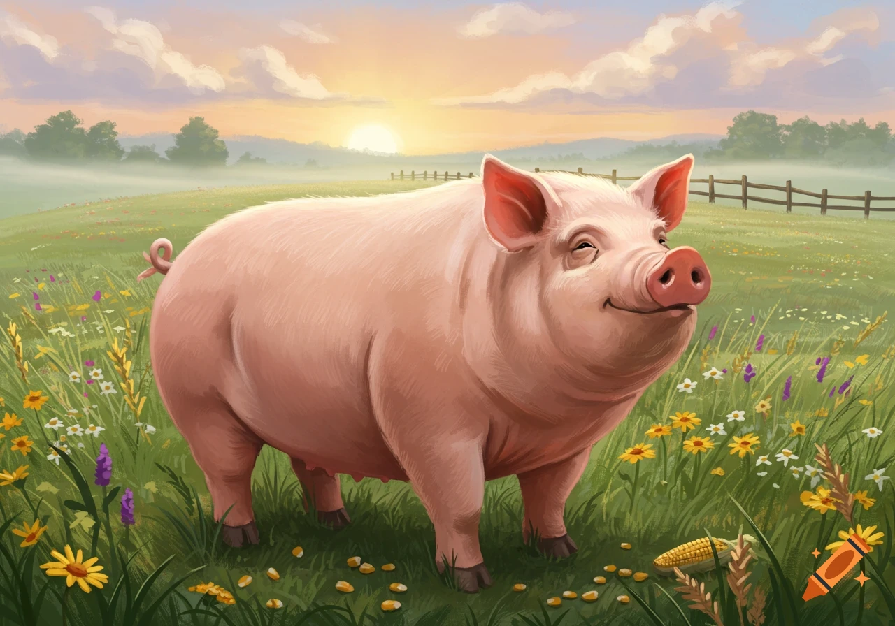 A happy pink pig stands in a green field filled with wildflowers at sunrise.