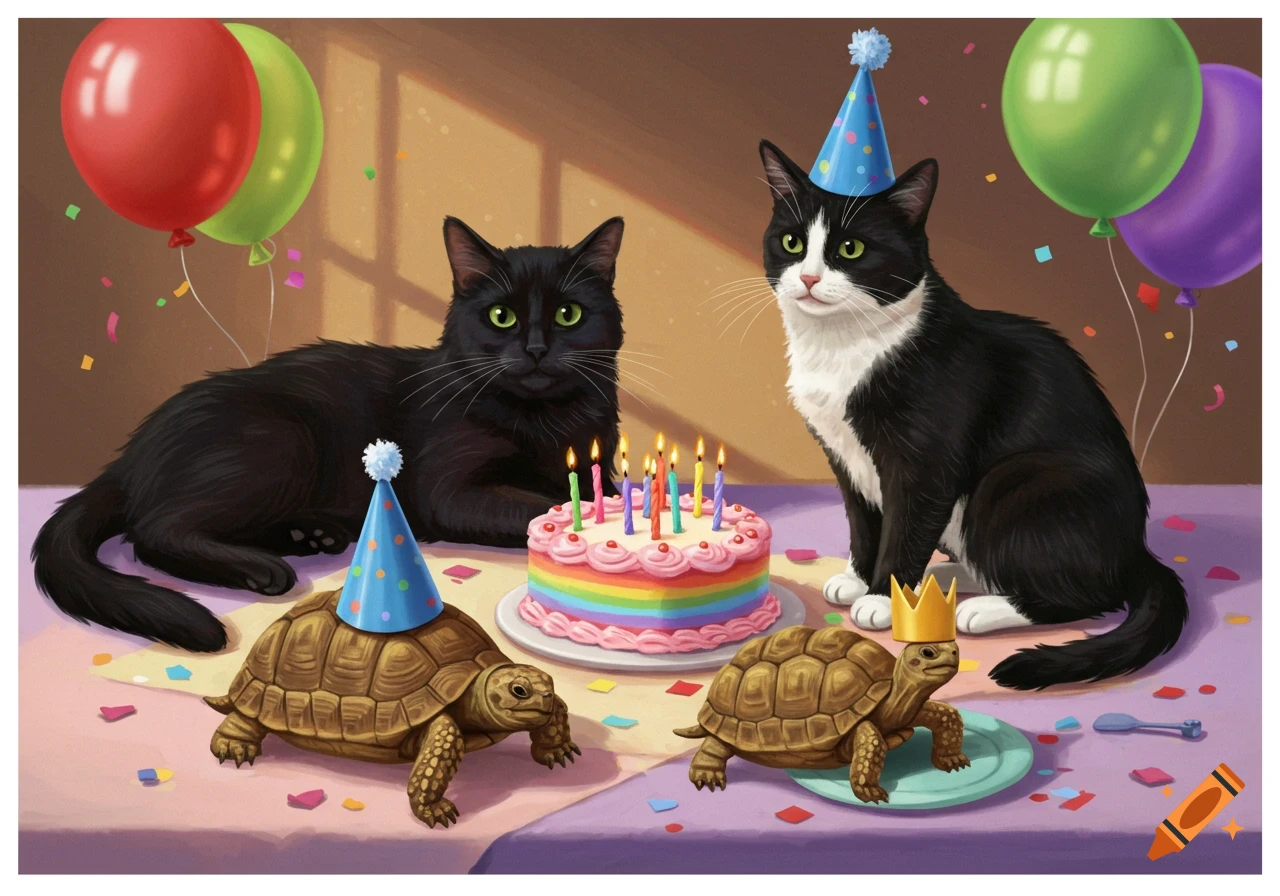 Two cats and two tortoises with party hats and a crown celebrate a birthday with a rainbow cake and colorful balloons.