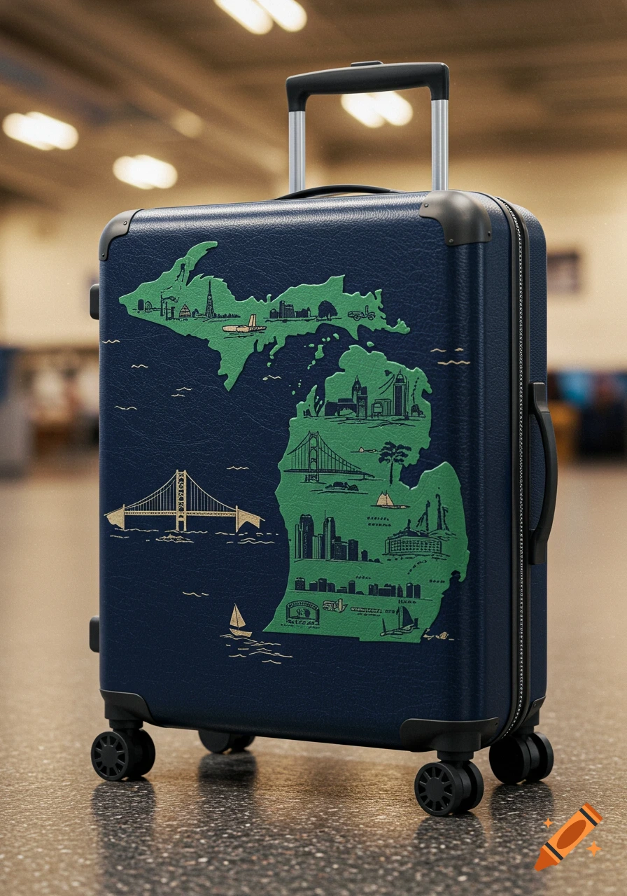 A blue suitcase with a green relief map of Michigan on it, featuring landmarks and an extending handle, stands on a tiled floor.