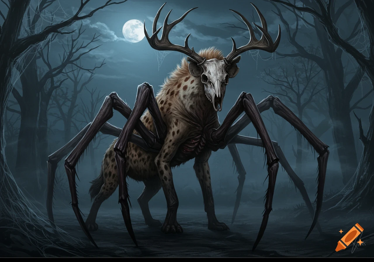 A monstrous chimera with a spotted hyena body, spider legs, and a deer skull head with antlers stands in a misty, moonlit forest.