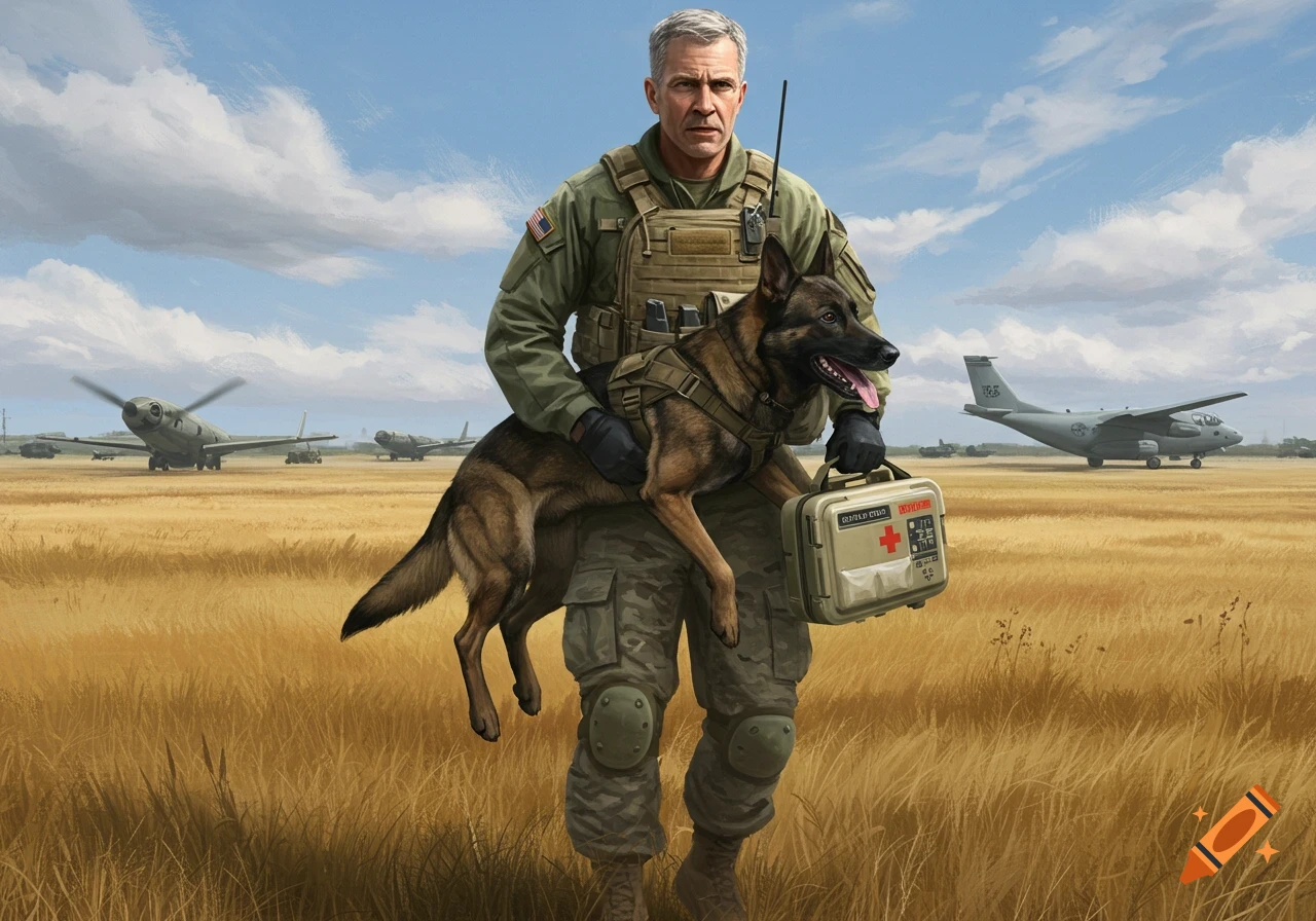 A military man in uniform carries a German Shepherd dog and a first aid kit across a grassy airfield with airplanes in the background, in an illustrative style.
