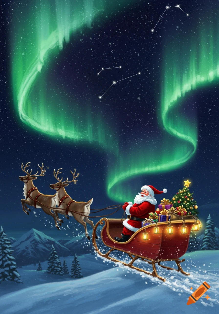 Illustration of Santa Claus in his sleigh pulled by two reindeer, flying over a snowy landscape under a green aurora borealis and starry sky.